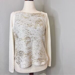 Anthropology M cream & gold metallic shimmering Long Sleeve light sweater